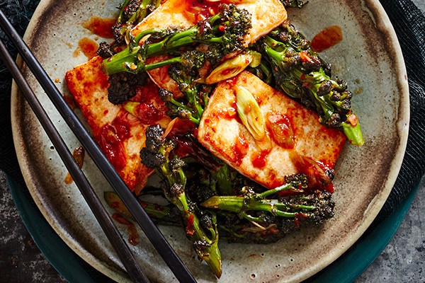 Chinese-style purple sprouting broccoli with tofu