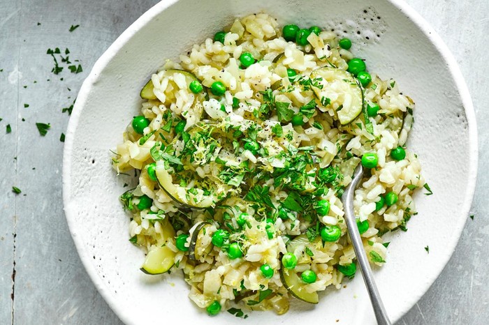 Vegan Courgette and Pea Risotto in a White Bowl