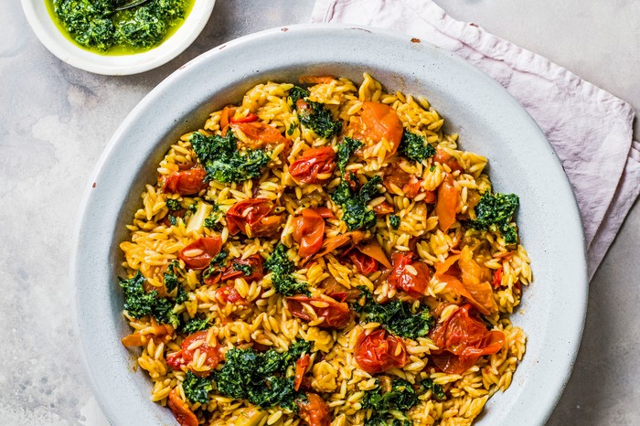 Baked Orzo Pasta with Roasted Tomatoes and Herb Salsa
