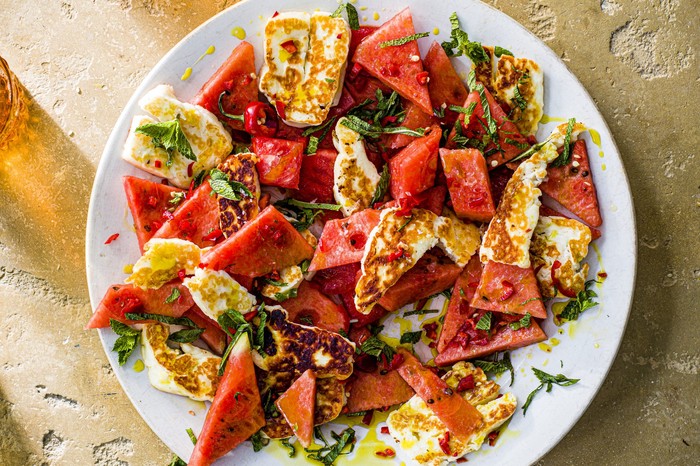 Halloumi and Watermelon Salad on a White P|late